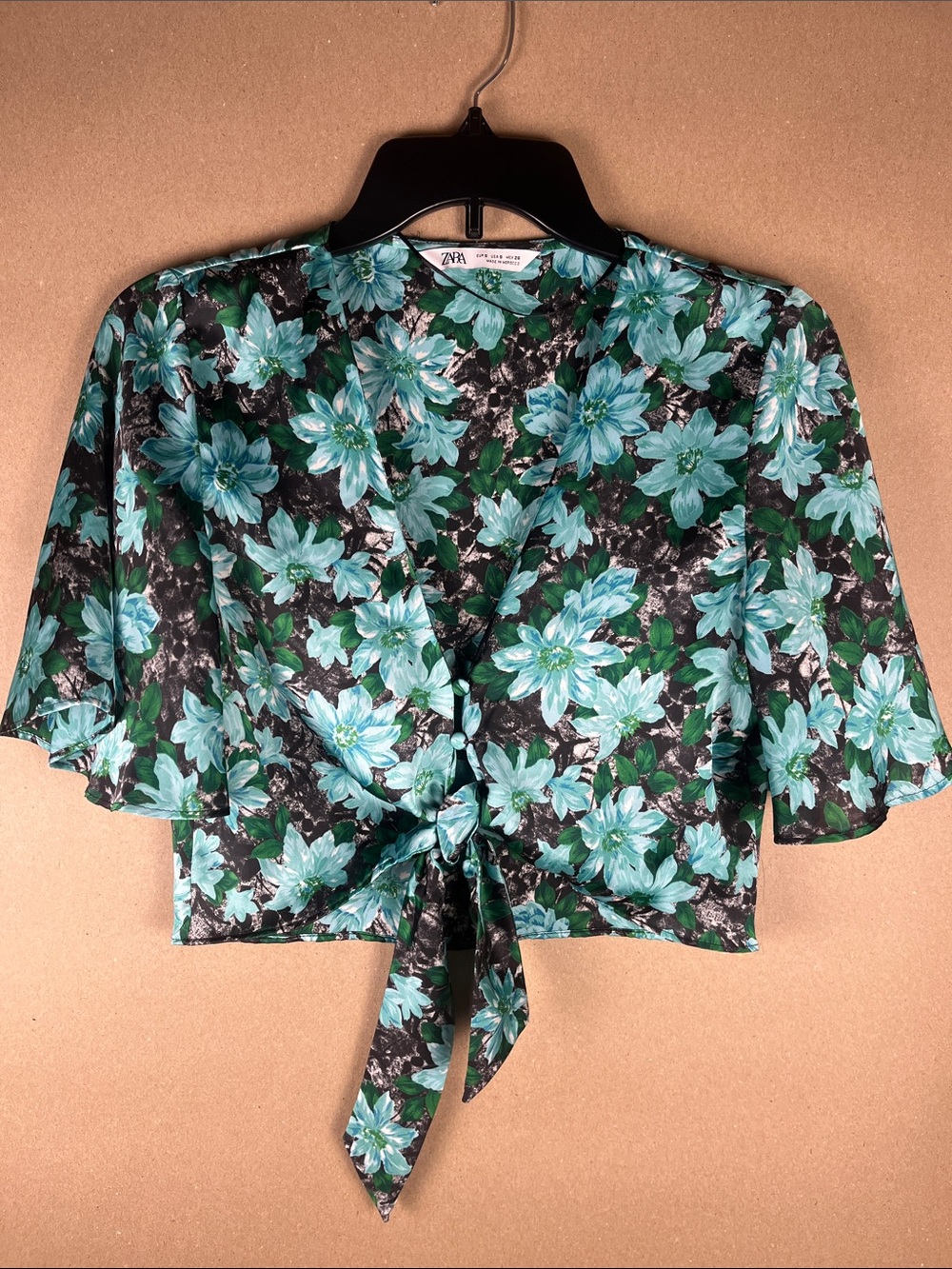 Zara Floral Tie Front Crop Top S Teal Black Flutter Sleeve Button Resort Wear